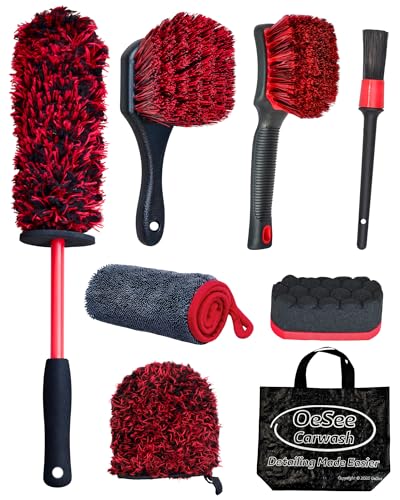 oesee 8PCS Wheel Cleaning Kit with Microfiber Brush & Rubber Grip Tire Brush, Twist Loop Drying Towel, Detailing Brush, Applicator for Car Rim and Tire Care - color: Red & Black