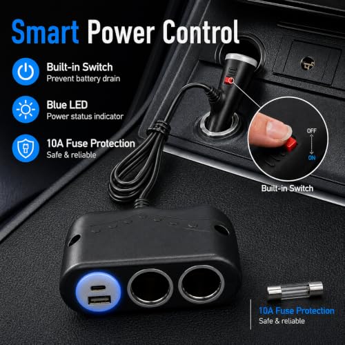 Cliff Top Car Cigarette Lighter Splitter, Dual Socket USB-C PD QC3.0 Switch