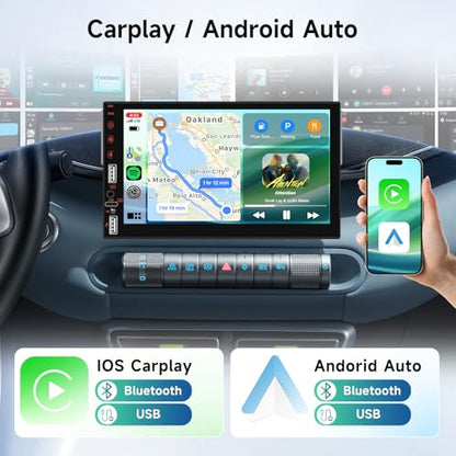 Single DIN Touch Screen Car Stereo with Wireless Carplay and Android Auto Mirror Link, Driauto 7 Inch 1 DIN Car Radio with Bluetooth FM EQ Steering Wheel Control Backup Cam Online Video USB AUX Type-C