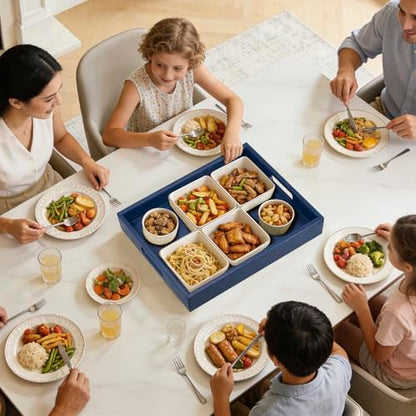 20 x 14 inches Leather Rectangle Serving Tray with Hole Handles,High-End Light Large Service Tray for Ottoman Tray, Tea, Food, Butler - Countertop, Kitchen,Family Dinner, Picnic (Blue) - color: Blue, size: 20" x 14" x 2"