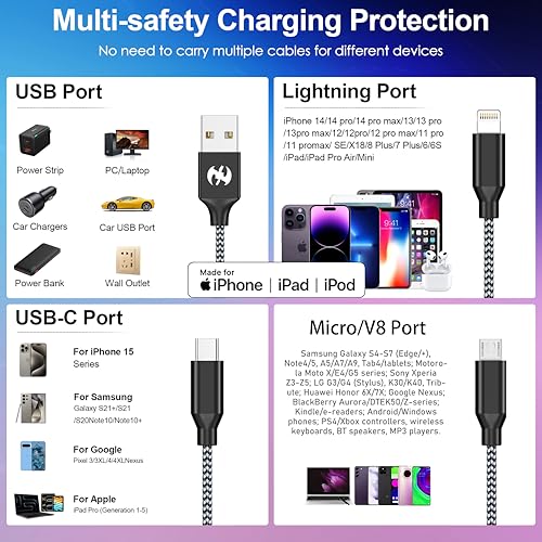 Long Multi Charging Cable,USB Universal Charger,2Pack 10ft Car Cord - color: Grey/Black-10FT-2Pack