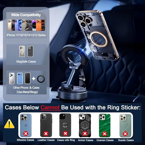 Upgraded Vacuum Magnetic car PhoneHolder, Strongest Suction Cup Phone Holder, 720°Foldable car Holder, Suitable forCars/Mirrors/Smooth Surface, Compatible withiPhone and Android (Black) - color: Black