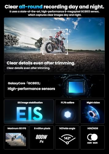 AKEEYO -710Pro EIS 오토바이 카메라, 4K28FPS 20MP Wi-Fi 대시 캠, IP66 울트라 HD 방수 오토바이 헬멧 카메라, 142° 광각 뷰 야간 시야, 64GB 카드, G-센서, 주차 모드