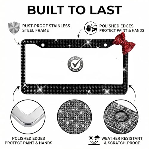 Wanheart 1 Pack Black Bling License Plate Frame with Red Upper Right Bow - color: Black Frame + Red Bow
