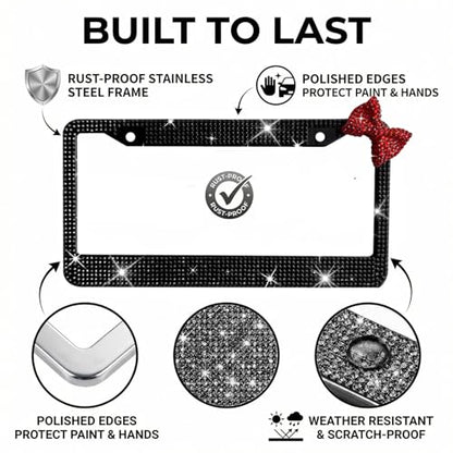 Wanheart 1 Pack Black Bling License Plate Frame with Red Upper Right Bow - color: Black Frame + Red Bow