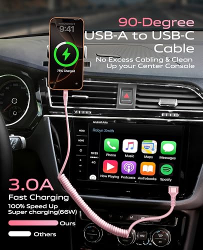 USB C Cable 90 Degree, 2Pack 6FT Coiled USB A to USB C Cable for Car-Pink - color: Pink, size: 6FT