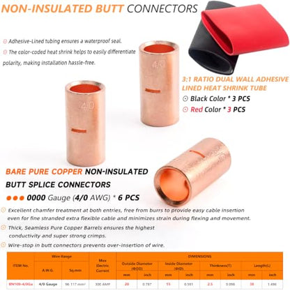 SVAAR 6 PCS 0000 Gauge Non Insulated Butt Connectors 4/0 AWG Uninsulated Butt Splice Connectors Crimp Repair Butt Splices Kit Bare Pure Copper Seamless Barrel Splice Terminals & 6 PCS 3:1 Heat Shrinks