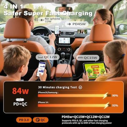 84W Retractable Car Charger, 4-in-1 Car Charger Adapter USB C Fast Charge - size: 1 Pack
