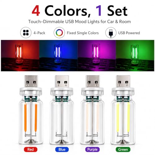 4PCS Dimmable USB Touch Control Led Night Lights, Glass Plug in USB Light Bulbs, Cute Interior Car Lights, Retro Led Ambient Lighting, Small Mood Lamp for Bedroom, Hallway, Nursery, Camping - color: red+blue+green+purple