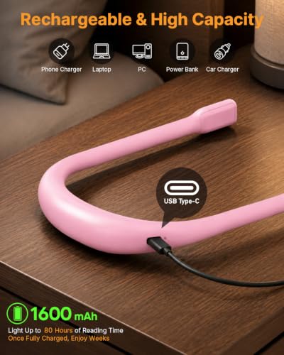 Book Light with Power Display, Timer, Upgraded Neck Reading Light - color: Pink