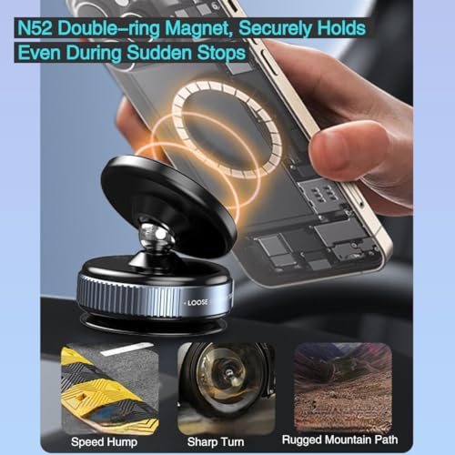 Magnetic Vaccum Car Phone Holder, Enlarged Suction Cup for Smooth Surfaces (Dashboard/Mirror/Glass), Adjustable Car Mount Stand with Metal Ring for iPhone 12-16&Other Phones, Hands-Free, Black