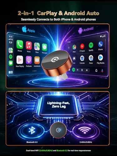 2026 Wireless CarPlay Adapter & Android Auto Wireless Adapter – 2-in-1 Plug & Play Mini Dongle for USB-A/USB-C, Fast Auto Reconnect, Low-Latency Dual-Band WiFi, Aluminum Heat Dissipation - color: Matte Orange