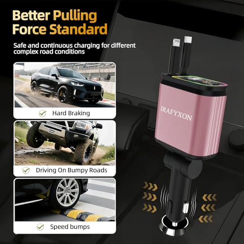 Retractable Car Charger with 31-Inch Cables 4 in 1 Fast Car Charger USB C Car Adapter with Starry Sky Light for iPhone 17 16 15 14 Car Accessories Gifts for Men Women Drivers (Pink) - color: PINK
