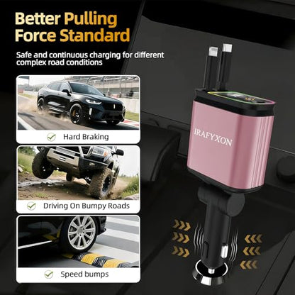 Retractable Car Charger with 31-Inch Cables 4 in 1 Fast Car Charger USB C Car Adapter with Starry Sky Light for iPhone 17 16 15 14 Car Accessories Gifts for Men Women Drivers (Pink) - color: PINK
