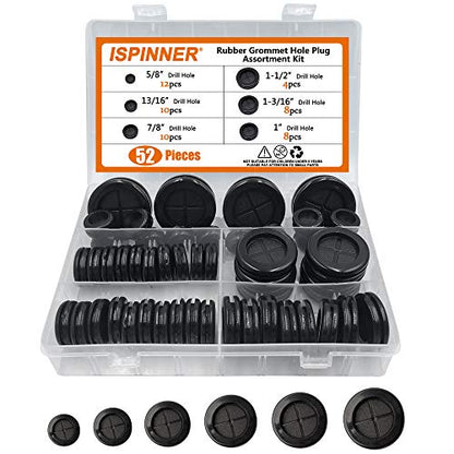 ISPINNER 52pcs 6 Sizes Rubber Grommet, Double Sided Round Rubber Hole Plug, Drill Hole 5/8" 13/16" 7/8" 1" 1-3/16" 1-1/2" (Black) - color: Black