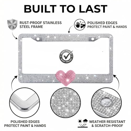 1 Pack White Bling License Plate Frame with Pink Heart for Women - color: White Frame+Pink Heart