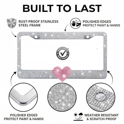 1 Pack White Bling License Plate Frame with Pink Heart for Women - color: White Frame+Pink Heart