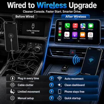 Wireless Carplay Adapter for Android Auto and Apple Car Accessories Bluetooth Audio Video Dongle Linker USB with iPhone 2026 TV Watch 2 in 1 Compact Mini Smart Type C Connect Hidden