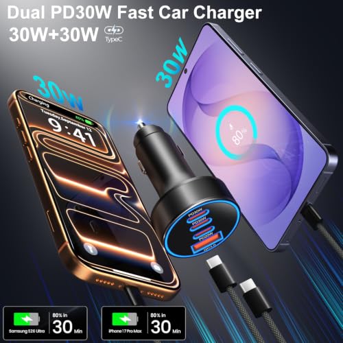 98W Car Charger USB C, 4 Port Fast Cigarette Lighter USB Charger with Cable - color: Black
