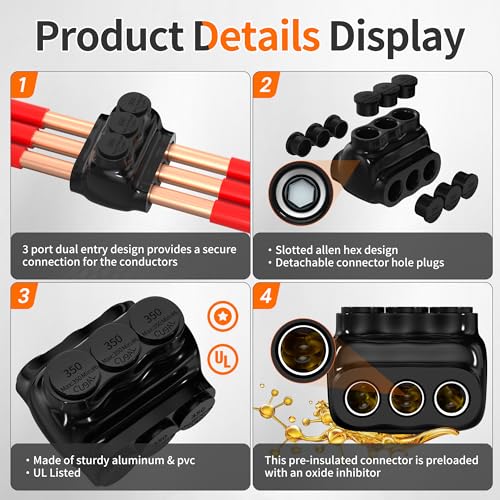 Joinfworld 3 Port Insulated Multi Tap Connector 350MCM-6 Gauge Wire Connectors Aluminum to Copper Wire Connectors Dual Entry Wire Splice Connectors - 4 Pack - size: 350MCM-6 AWG