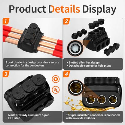 Joinfworld 3 Port Insulated Multi Tap Connector 350MCM-6 Gauge Wire Connectors Aluminum to Copper Wire Connectors Dual Entry Wire Splice Connectors - 4 Pack - size: 350MCM-6 AWG
