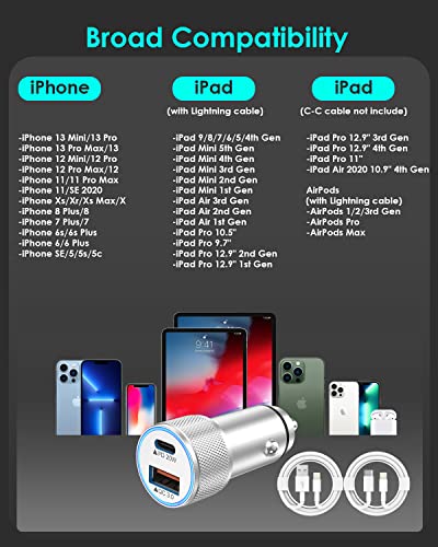 iPhone Fast Car Charger,[Apple Certfied] 38W Dual USB C Car Charger Adapter - color: Silver