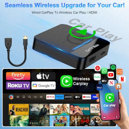 2-in-1 Car TV Mate Pro—Wireless CarPlay Adapter & HDMI Multimedia Adapter for TV Stick Converter/Game Consoles/Set-Top Box/Screen Mirroring, Plug & Play HDMI Cars T V Dongle Compatible Cars from 2016