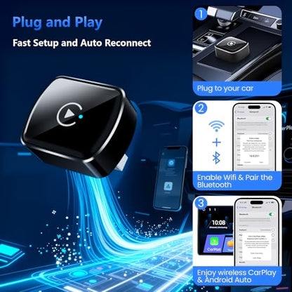 2026 Upgrade Wireless CarPlay Adapter & Android Auto, 2-in-1 CarPlay Adapter Convert Wired to Wireless, Mini Size with USB A & USB-C Extension Cable, Plug & Play, Stable Connection & No Delay (Black) - color: Black