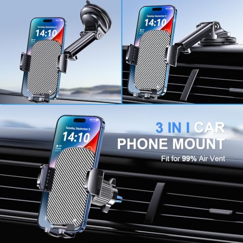 Phone Mount for Car Phone Holder [Military-Grade Suction & Stable Clip] Car Phone Holder Mount Windshield Dashboard Air Vent Universal Automobile Mount Fit Shower & Wall Mounts iPhone