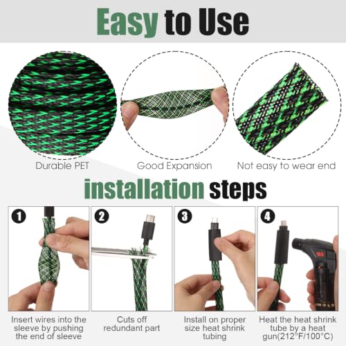 Tatuo 151 ft Braided Cable Sleeve Expandable Wire Sheathing(Green, Black) - color: Green,Black, size: 151 ft