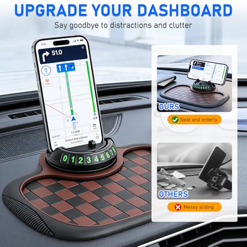 Multifunction Car Anti Slip Mat, 360° Rotatable Phone Holder Dashboard Pad with Temporary Parking Number, Organizer for Phone Sunglasses Keys (Black and Brown Plaid) - color: Black and brown plaid