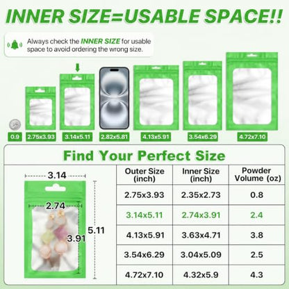 ANZNKU 100Pcs Green Mylar Bags, Resealable Smell Proof Small Zip Goodie Bag - color: Lime Green, size: 3.14x5.11 inches
