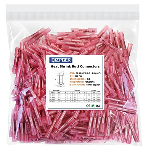 Heat Shrink Butt Wire Connectors, 200 Pcs Red 22-16 AWG Insulated Waterproof Electrical Wire Connectors Automotive Marine Wire Crimp Terminals Butt Splices for Boat, Car - size: 200Pcs 22-16 AWG