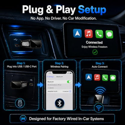 Wireless Carplay Adapter for Android Auto and Apple Car Accessories Bluetooth Audio Video Dongle Linker USB with iPhone 2026 TV Watch 2 in 1 Compact Mini Smart Type C Connect Hidden