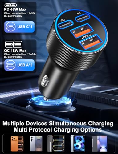 USB C Car Charger, 3 Pack 90W 4-Port Dual 45W Super Fast Car Phone Charger PD/QC 3.0 Fast Charging 12V Cigarette Lighter Adapter Plug for iPhone 17 16e 15 14 Pro Max, Galaxy S26 S25, Android - color: Black