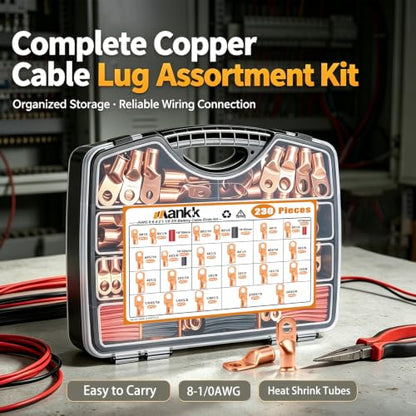 mankk 230PCS Copper Wire Lugs AWG 1 2 4 6 8 1/0 2/0 Gauge Battery Terminal Connectors Battery Cable Ends Connectors Copper Ring Terminal Kit with 3:1 Heat Shrink Tubing - color: 230PCS-Handheld Box