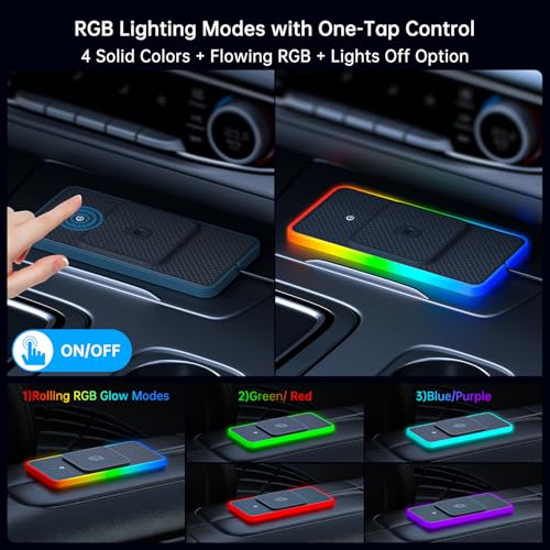 Wireless Car Charger Pad, REESTECQI 15W RGB Wireless Charger for Car Type C Non Slip Charging Pad for Car Compatible with Airpods iPhone16/15/14/13/12, Samsung Google (30CM+ 70CM Extension)