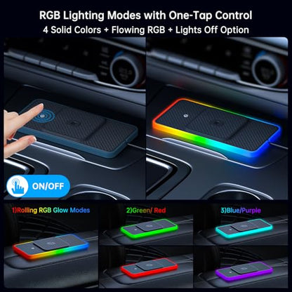 Wireless Car Charger Pad, REESTECQI 15W RGB Wireless Charger for Car Type C Non Slip Charging Pad for Car Compatible with Airpods iPhone16/15/14/13/12, Samsung Google (30CM+ 70CM Extension)