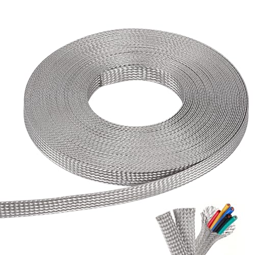 NBEADS 32.8ft 304 Stainless Steel Braided Cable Sleeve, 0.39 Inch Wide Stainless Steel Color Flat Tinned Braided Ground Wire Mesh, Flexible Shielding Sleeve for Cables - size: 32.8ft X 0.39 Inch