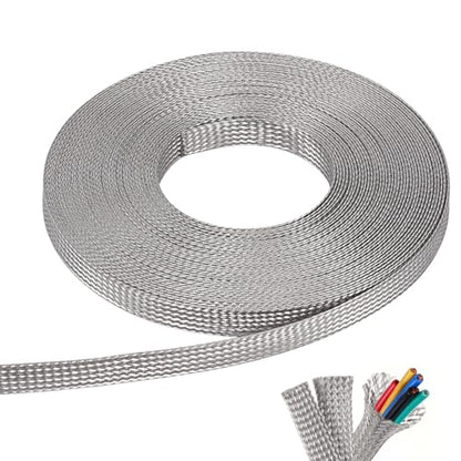 NBEADS 32.8ft 304 Stainless Steel Braided Cable Sleeve, 0.39 Inch Wide Stainless Steel Color Flat Tinned Braided Ground Wire Mesh, Flexible Shielding Sleeve for Cables - size: 32.8ft X 0.39 Inch