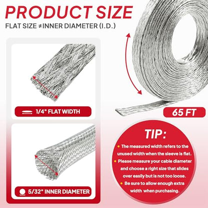 Tinned Copper Braid Wire Shielding Ground Strap Metal Cable Sleeve Expandable Flexible Flat Mesh (1/4 in Wide(0.16 in Dia)-65ft) - size: 1/4 in Wide(0.16 in Dia)-65ft