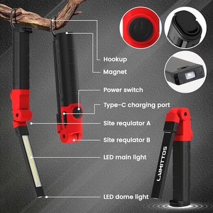 Rechargeable Work Light 2200mAh Magnetic LED Work Light Flashlight Mechanic Light Tool for Men Him, Foldable Lamp with Hook for Car Repair Emergency BBQ Grill (4 Pack) - style: 350 Lumens - 4Pcs