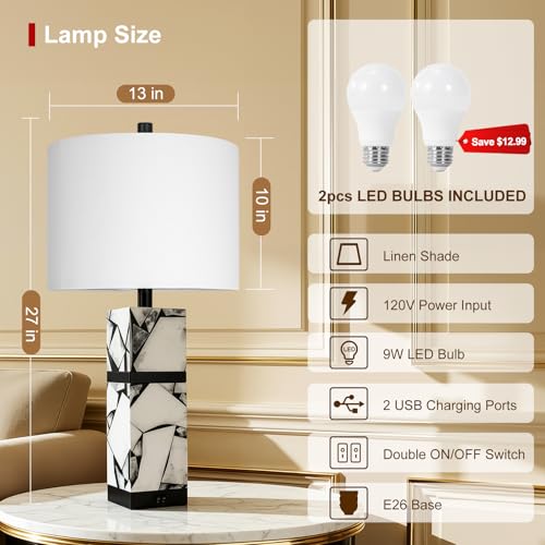 Scenekoy 27" Alabaster Table Lamp Set of 2 with Night Light for Living Room - color: Black