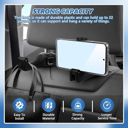 Generic 2-in-1 Car Seat Hooks with Phone Holder, Universal Fit, 2 Count, 33 lbs Capacity Each, Compatible with Car (Headrest), PORTABLE ELECTRONIC DEVICE MOUNT - color: Black, size: Seat Stand