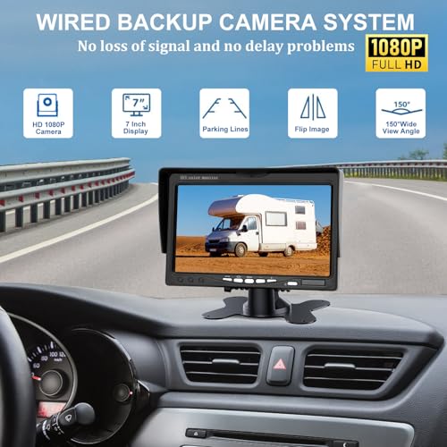 Truck RV Backup Camera with 7 Inch Monitor, AHD 1080P DIY Guide Lines No Delays Waterproof Wired Reverse Rear View Camera System for Car Trailer Camper - size: 7inch +1 Camera