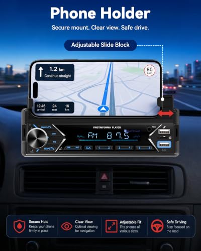 Single DIN Car Stereo Bluetooth Car Radio with FM/MP3/AUX Dual USB SWC Colorful Lights Phone Holder & Wireless MIC