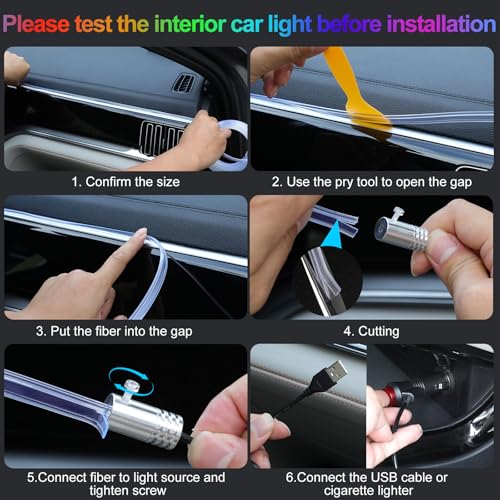 YUGUANG 5 in 1 Interior Car Lights Strip, Multicolor APP Control Music Sync RGB LED Car Ambient Lighting Kit with 236 inches Fiber Optic Cables