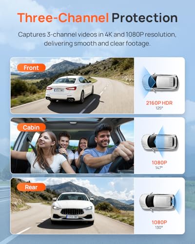 70mai 4K Dash Cam Front and Rear Inside, 3 Channel Car Dash Camera for Cars, Dashcam with GPS, Wi-Fi 6, Voice Control, Parking Monitor, Night Vision, Loop Recording, 64GB SD Card Included (T800E) - size: T800E-RC21-64GB