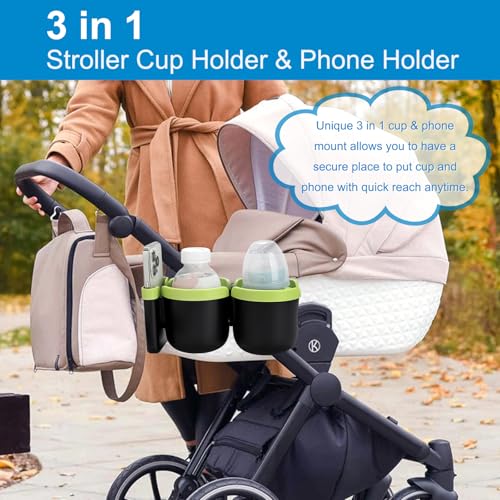 Accmor Stroller Cup Holder with Phone Holder, Bike Cup Holder, Universal Cup Holder for Uppababy Nuna Strollers, 2-in-1 Drinks Holder for Walker, Wheelchair, Scooter - color: Double Holder-Green