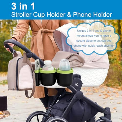 Accmor Stroller Cup Holder with Phone Holder, Bike Cup Holder, Universal Cup Holder for Uppababy Nuna Strollers, 2-in-1 Drinks Holder for Walker, Wheelchair, Scooter - color: Double Holder-Green
